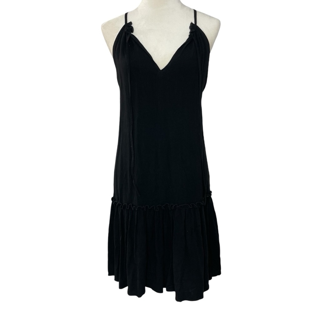 Drew Linen Blend Ruffle Hem Short Black‎ Shift Dress